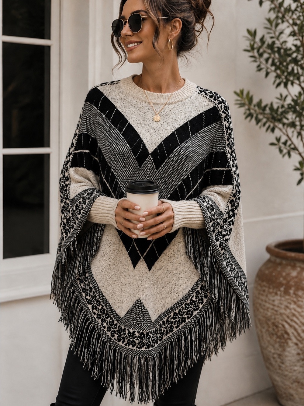 Yaira Black Cream Argyle Fringe Knit Poncho Sweater S/M Boho Western